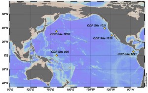 Core samples were collected at the sites noted in the North Pacific Ocean. (Credit: Jonathan LaRiviere/Ocean Data View)