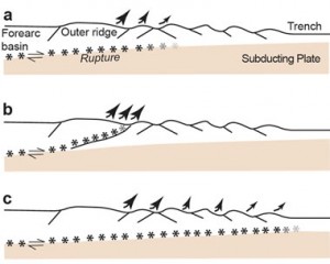 At a typical subduction zone, the fault ruptures primarily along the boundary between the two tectonic plates and dissipates in weak sediments (a), or ruptures along "splay faults" (b); in either case, stopping far short of the trench. In the area of the 2004 Sumatra earthquake, sediments are thicker and stronger, extending the rupture closer to the trench for a larger earthquake and, due to deeper water, a much larger tsunami. Image by: University of Texas at Austin.