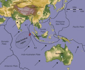 boundaries of Earth’s tectonic plates near the epicenters