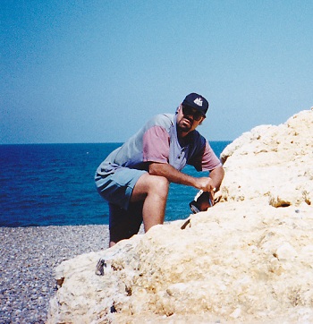 Evangelos hunting for Cretaceous sea urchins at Weybourne, Norfolk 