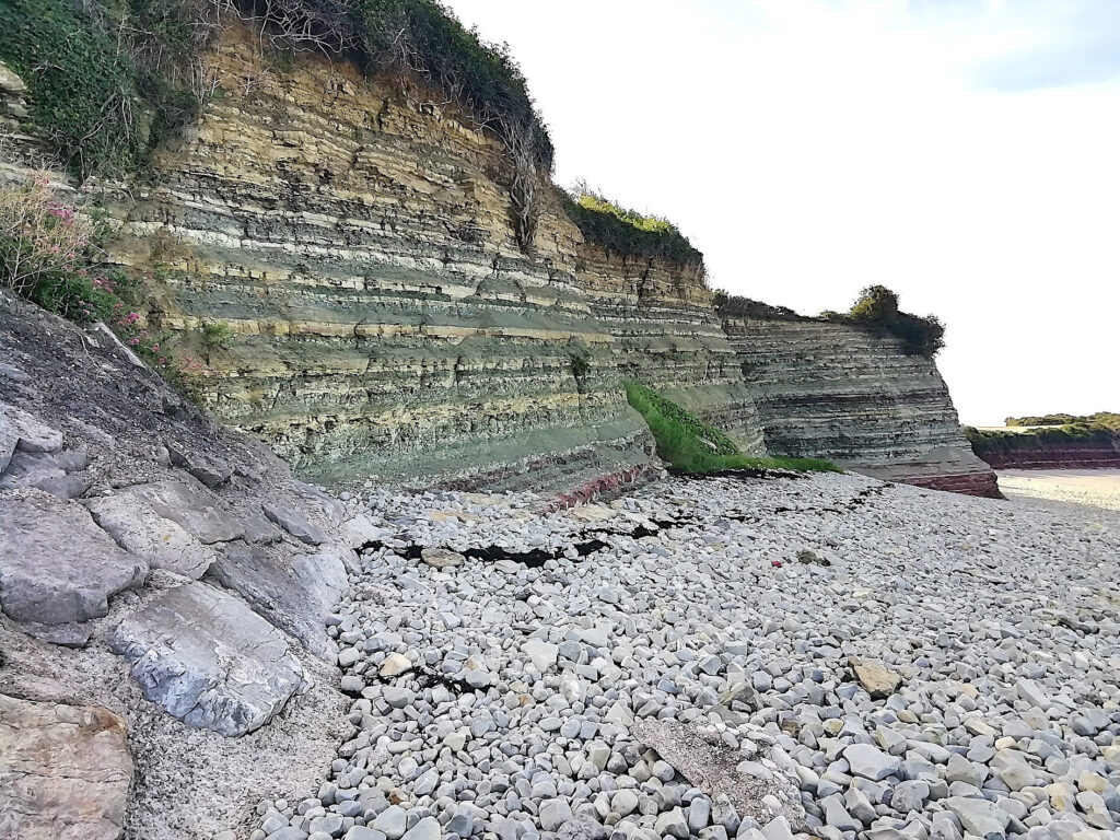 View of the cliff face at Lavernock Point from the east end of the beach, showing the red mudstones of the Williton Member (Mercia Mudstone Formation) transitioning upwards into the interbedded shales of the Westbury Formation. Credit: Proceedings of the Geologists' Association (2024). DOI: 10.1016/j.pgeola.2024.05.001